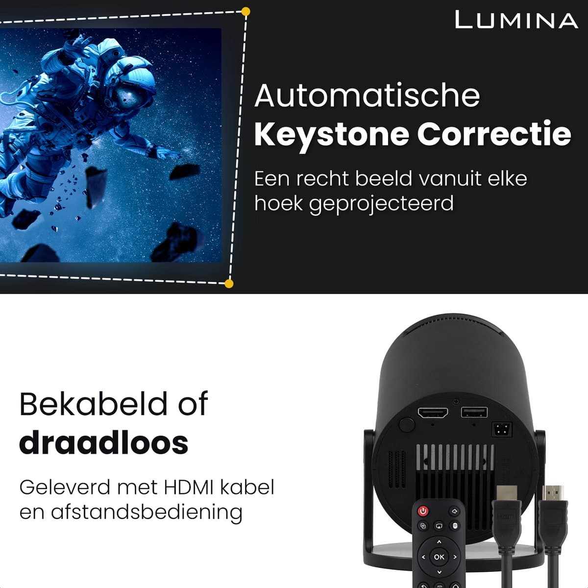 Lumina® Pro Mini Beamer 2026 – Android 14 Smart Projector met Google Playstore – Thuisbioscoop – Voor iOS & Android – WiFi 6 & Bluetooth 5.4 – Zwart thumbnail 7