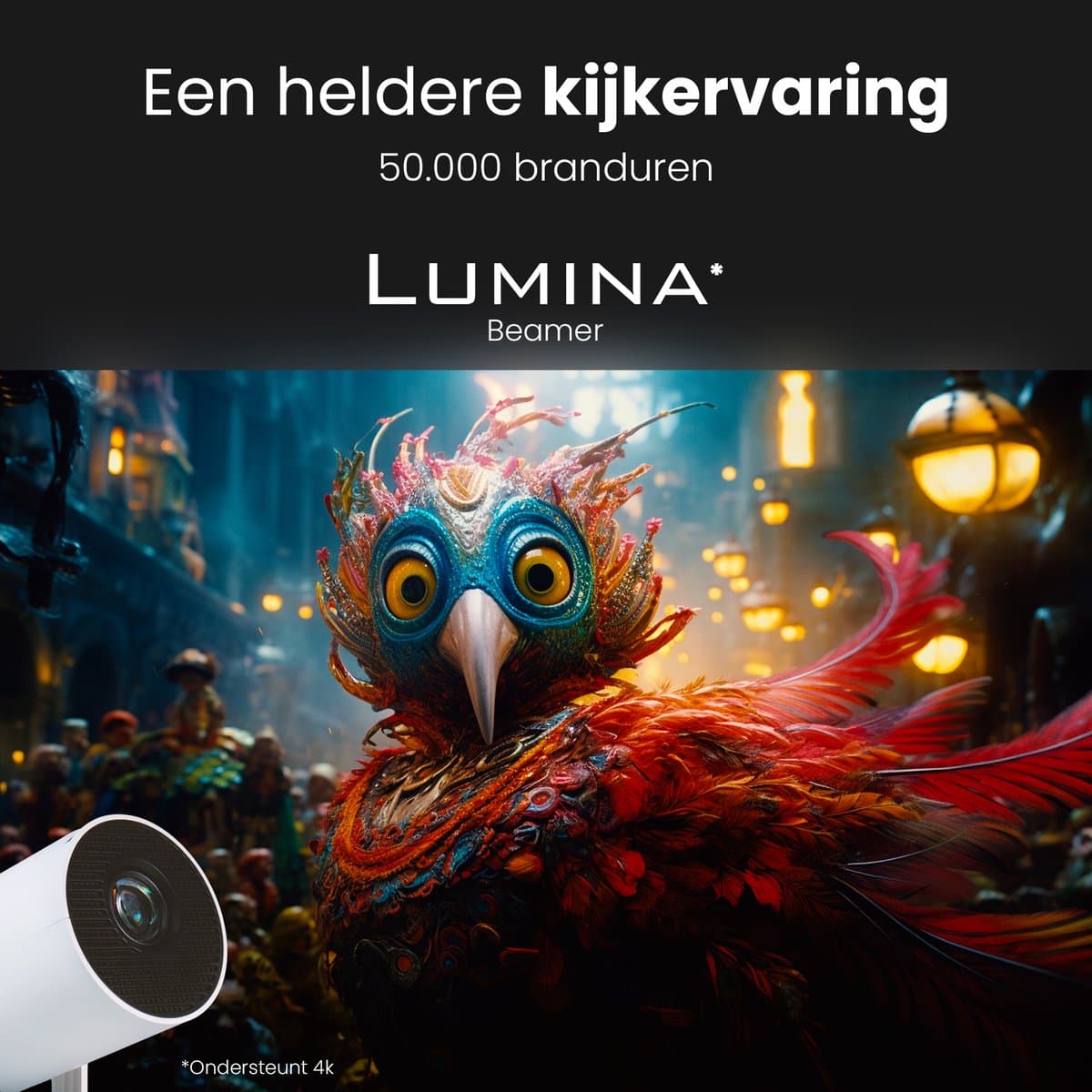 Lumina® Pro Mini Beamer 2026 – Android 14 Smart Projector met Google Playstore – Thuisbioscoop – Voor iOS & Android – WiFi 6 & Bluetooth 5.4 – Wit thumbnail 6