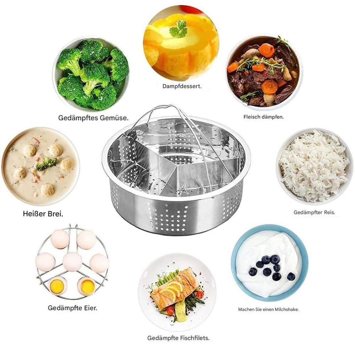 3-Delige Stoompan Accessoireset voor 21 cm Instant Pot - RVS Stoommand, Eierrek en Divider thumbnail 5