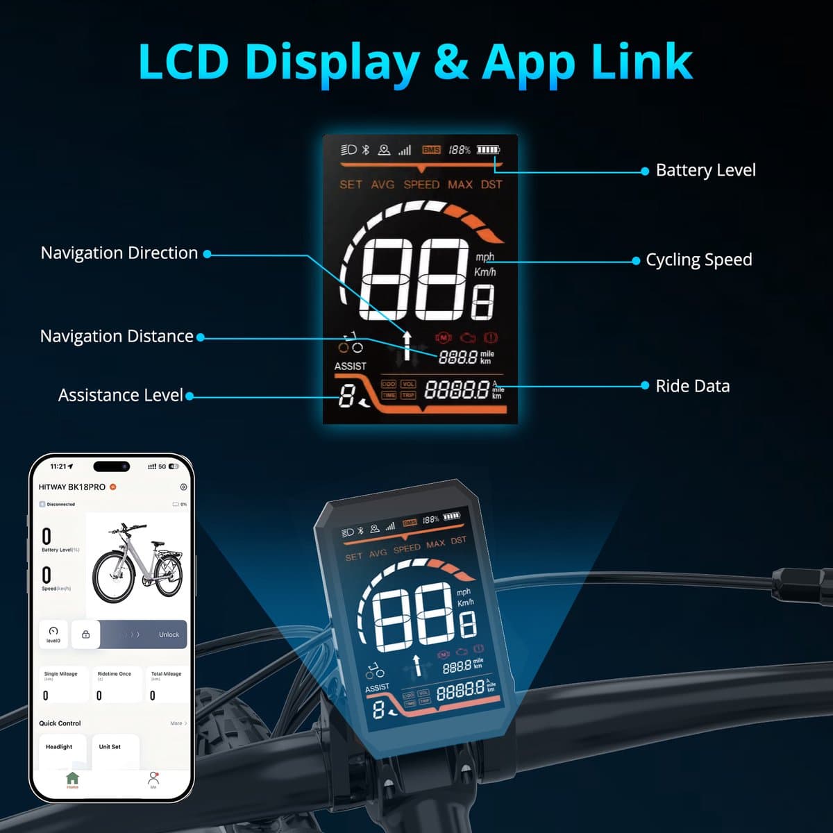 Hitway Elektrische Fiets BK18 Pro - Trendy 28 Inch City Commuter EBike met Afneembare 36V 10.4Ah Lithium Batterij - Mountain E-Bike met 250W Motor - APP Bediening - IP54 Waterdicht thumbnail 4