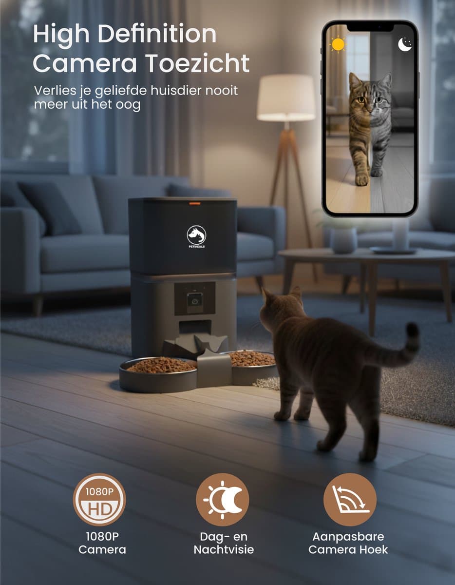 PetMeals® Automatische Voerbak Kat en Hond - Twee Voerbakken - met App en Camera - 6 L - Zwart thumbnail 3