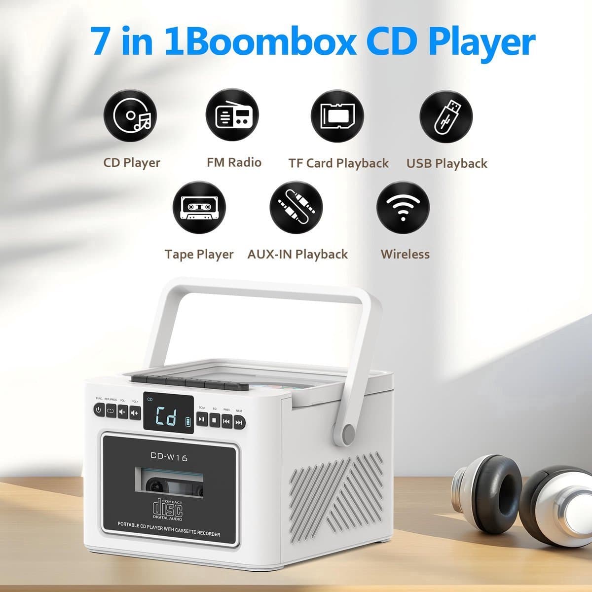 Draagbare CD-Cassette Speler - Retro Stijl - Boombox met 5000mAh Accu - Dubbele Stereo Luidsprekers - FM Radio - Met Afstandsbediening - USB/TF Kaart/AUX - Cassette Recorder - Voor Thuis, Reizen, Buiten, Huisentertainment thumbnail 4