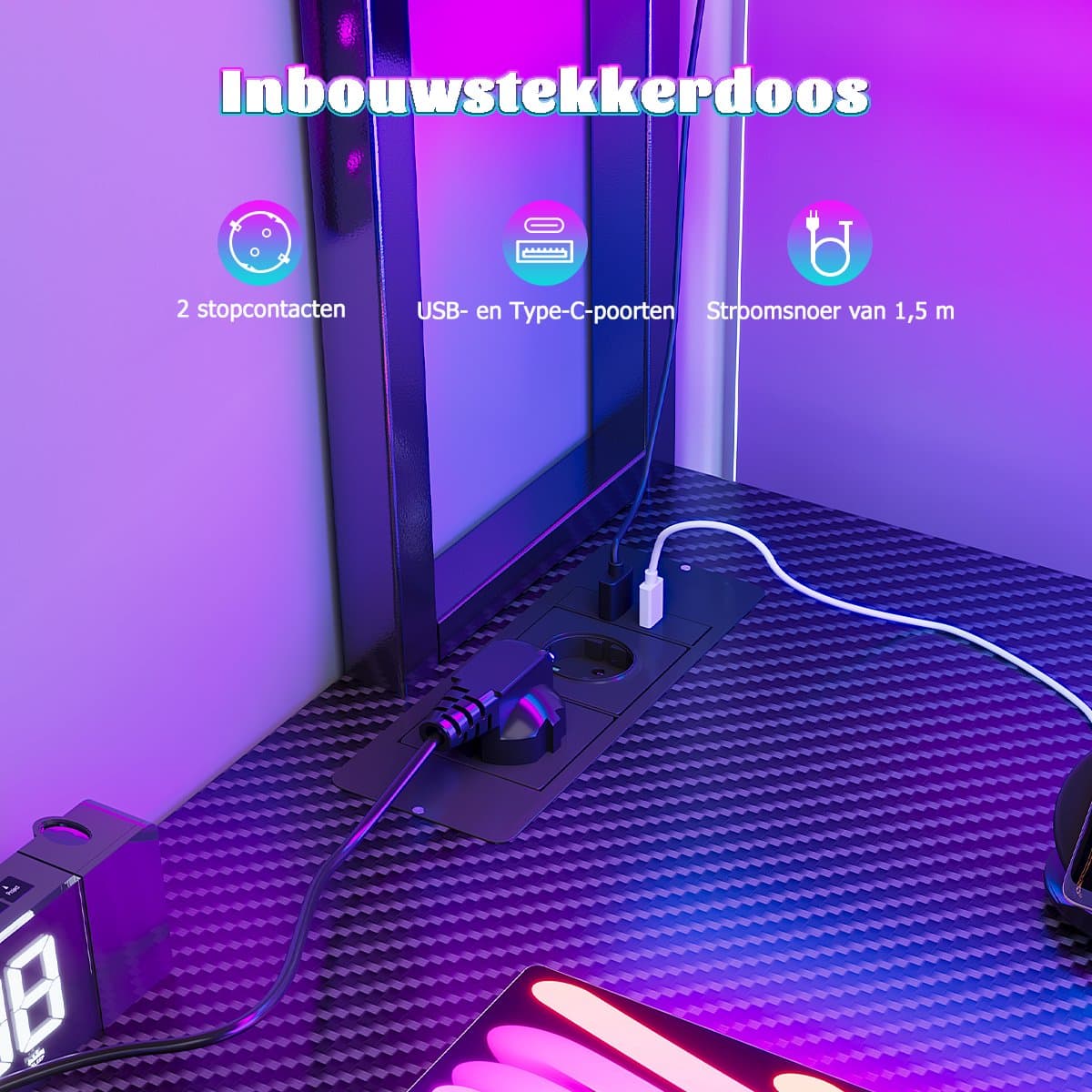 Gaming Bureau met LED Verlichting - 148x100x148 cm - L-Vormig Hoekbureau met Stopcontact - 3 Non Woven Lade - Gaming Desk - Computer Tafel - Gaming Tafel - met Opbergplanken, Tas & IJzeren Haak - Zwart - Bureau voor Gamen, Studeren en Werken thumbnail 6