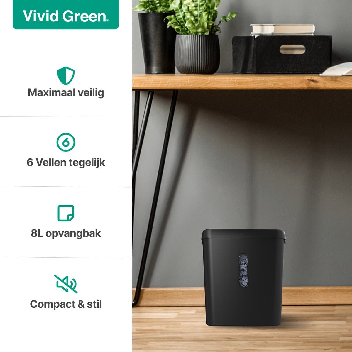 Papierversnipperaar Voor Thuis - Compacte Papiervernietiger 8 Liter - Vernietigt 6 Vel - Stroken P2 - Zwart - Vivid Green thumbnail 2