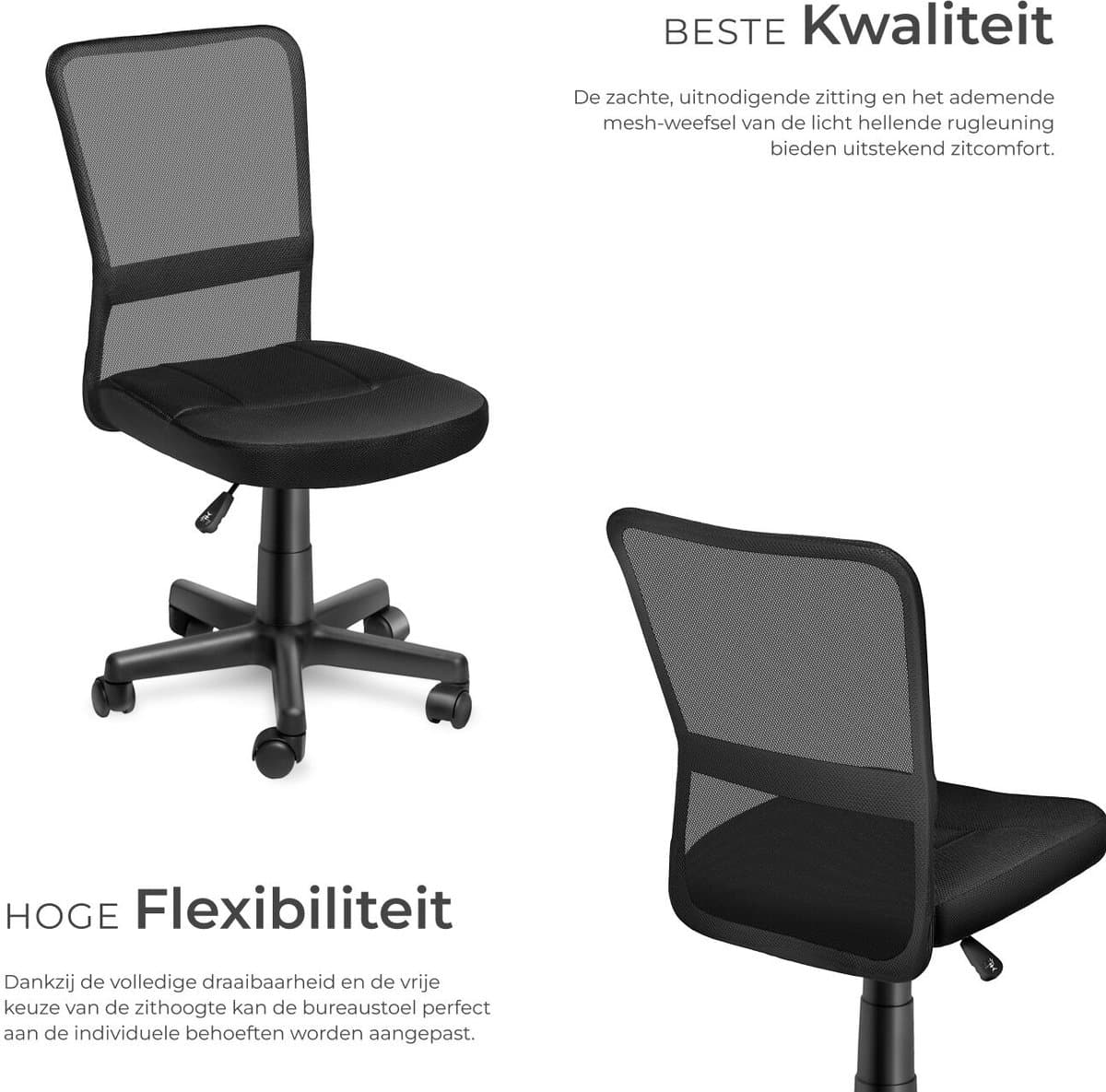 tectake® Ergonomische Bureaustoel - Draaistoel met Wielen, Gamingstoel, Comfortabel Meubilair voor Studeer- en Kinderkamer, PC- en Computerbureau - Zwart thumbnail 5