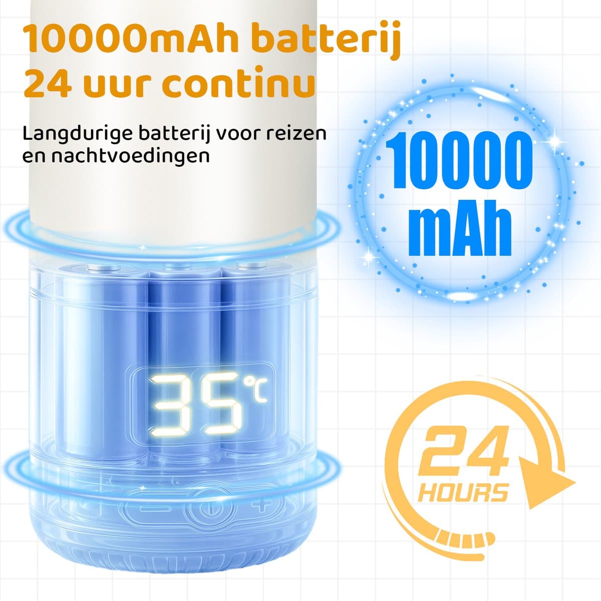 Draagbare Flessenwarmer met 10.000mAh Accu - 500ml Baby Waterwarmer - Snoerloos Gebruik - Precieze Temperatuurregeling & 24u Warmhoudfunctie - Oplaadbaar via USB-C - Kinderslot - Wit/Rvs thumbnail 7