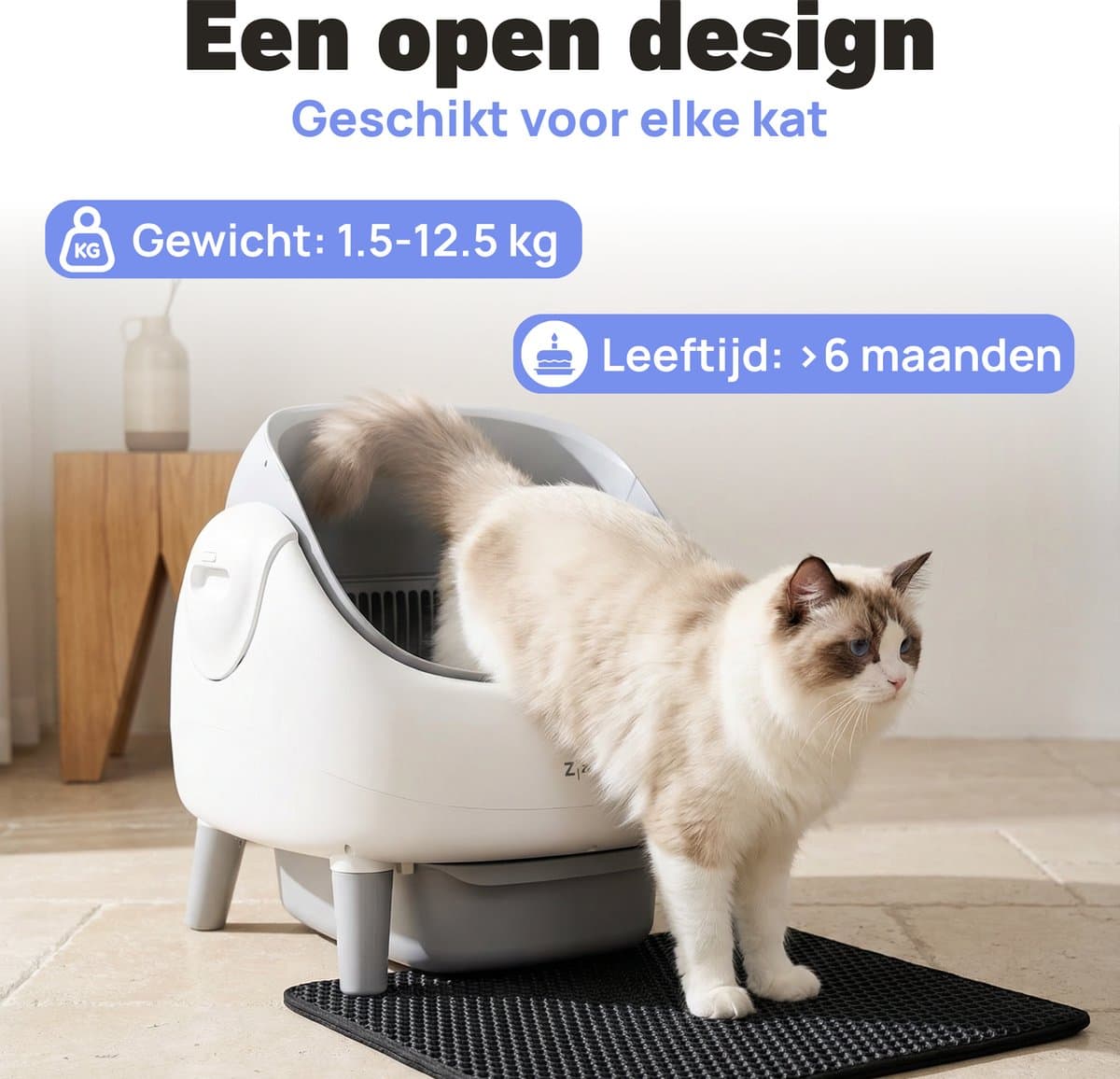 Zonaro Automatische Kattenbak – Zelfreinigende Kattenbak – Elektrische Kattenbak – Robot Kattenbak – XXL – Met App Bediening – Inclusief Kattenbak Mat & Zakken – Wit/Grijs thumbnail 2