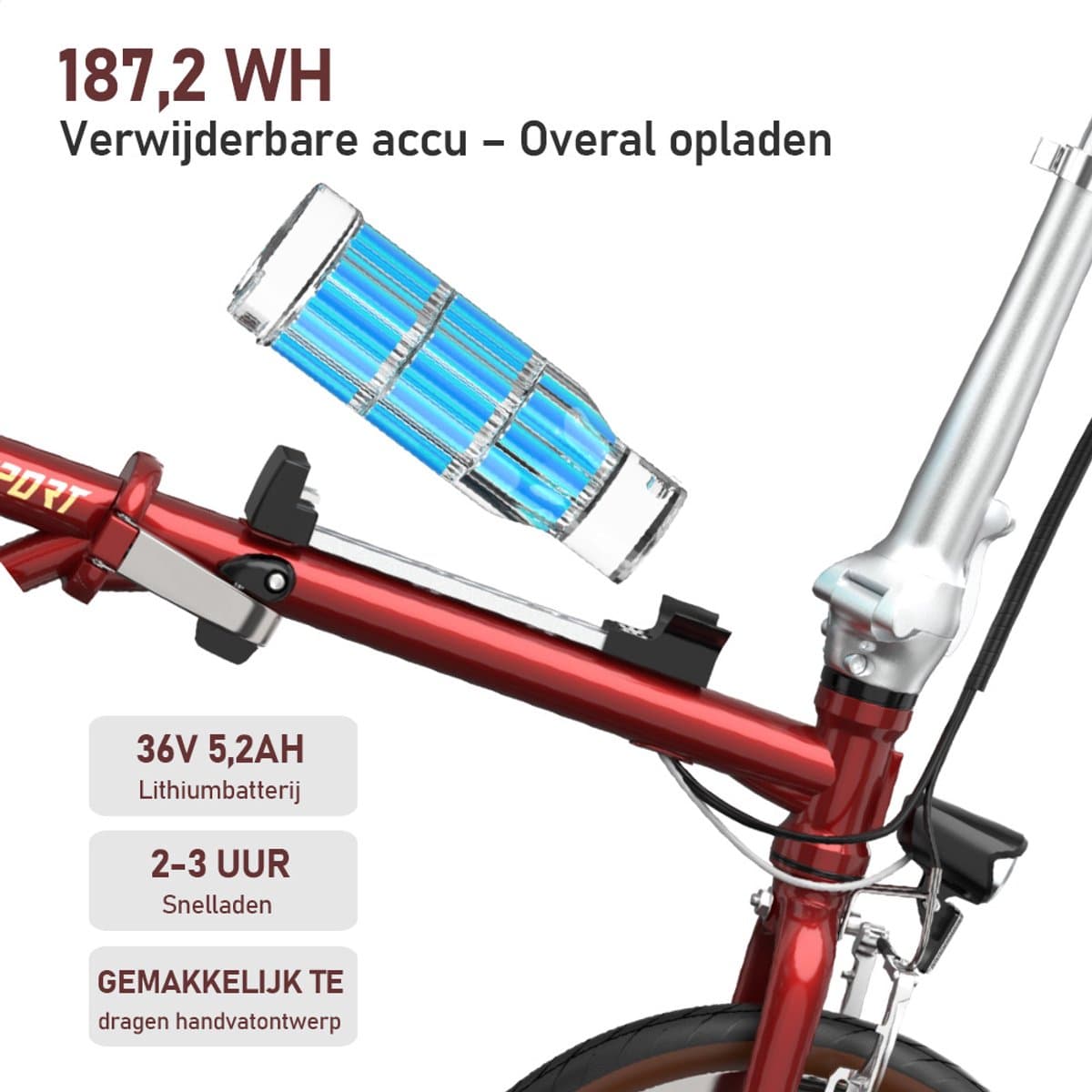 Elektrische Fiets ONESPORT OT02 - Compacte Elektrische Vouwfiets - 36V 5.2Ah Accu - 40 km Actieradius - 16×1.35 inch Banden - Snelle Oplaadtijd 2,5 uur - Ideaal voor Stad en Woon-werkverkeer - Rood thumbnail 4