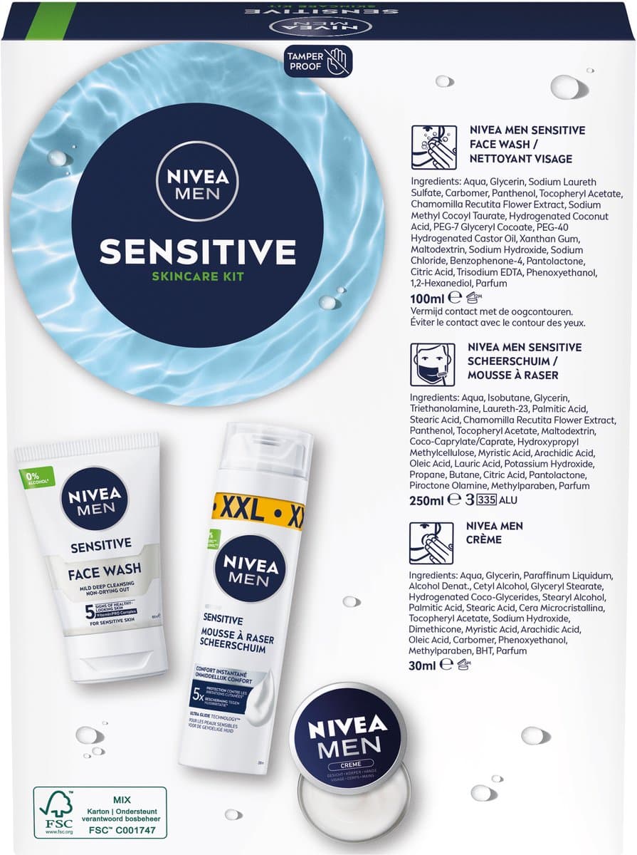 NIVEA MEN Sensitive Skincare Kit Geschenkset Mannen - Cadeauset Mannen met Scheershuim, Gezichtsreiniger & Crème - Verjaardag cadeau thumbnail 4