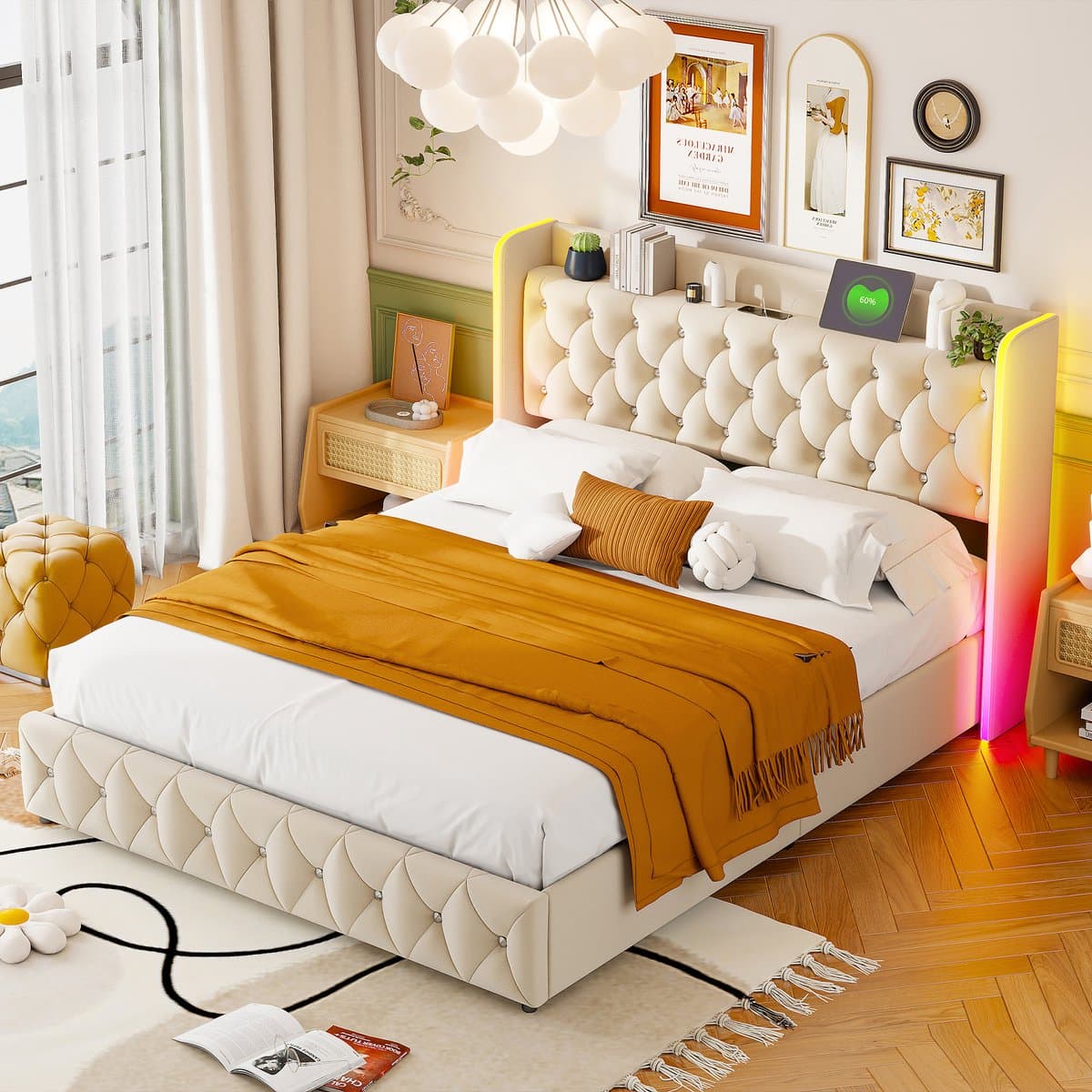 Opbergbed met gaslift 160x200 cm – Tweepersoonsbed – Beige fluweel – Met LED-verlichting, USB & Type-C – Bedframe met opbergruimte thumbnail 3
