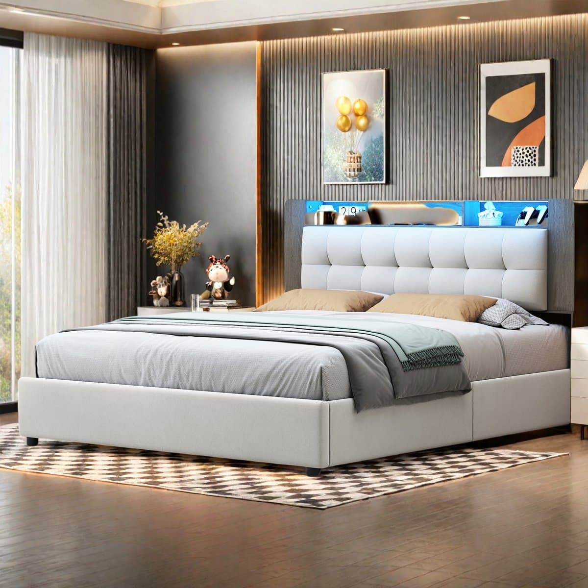 Opbergbed 160x200 cm – Beige fluwelen tweepersoonsbed – Gaslift opslag, hoofdbord-opbergruimte, LED-sfeerverlichting & draadloos opladen thumbnail 2