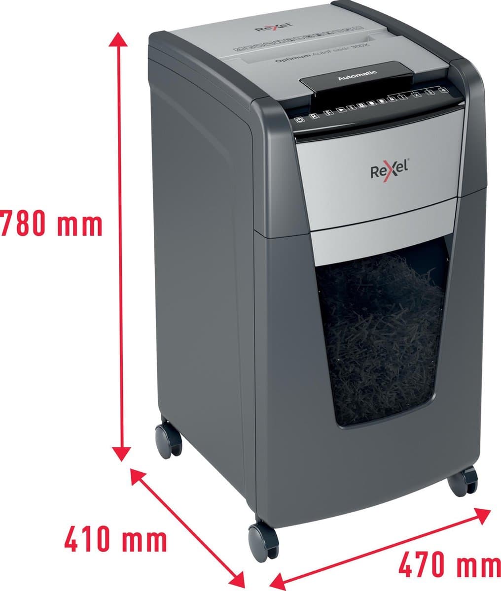Rexel Optimum AutoFeed+ 300X Fluisterstille Papierversnipperaar - P4 Snippers - Automatische Invoer Tot 300 Vel - 60L - Zwart thumbnail 8