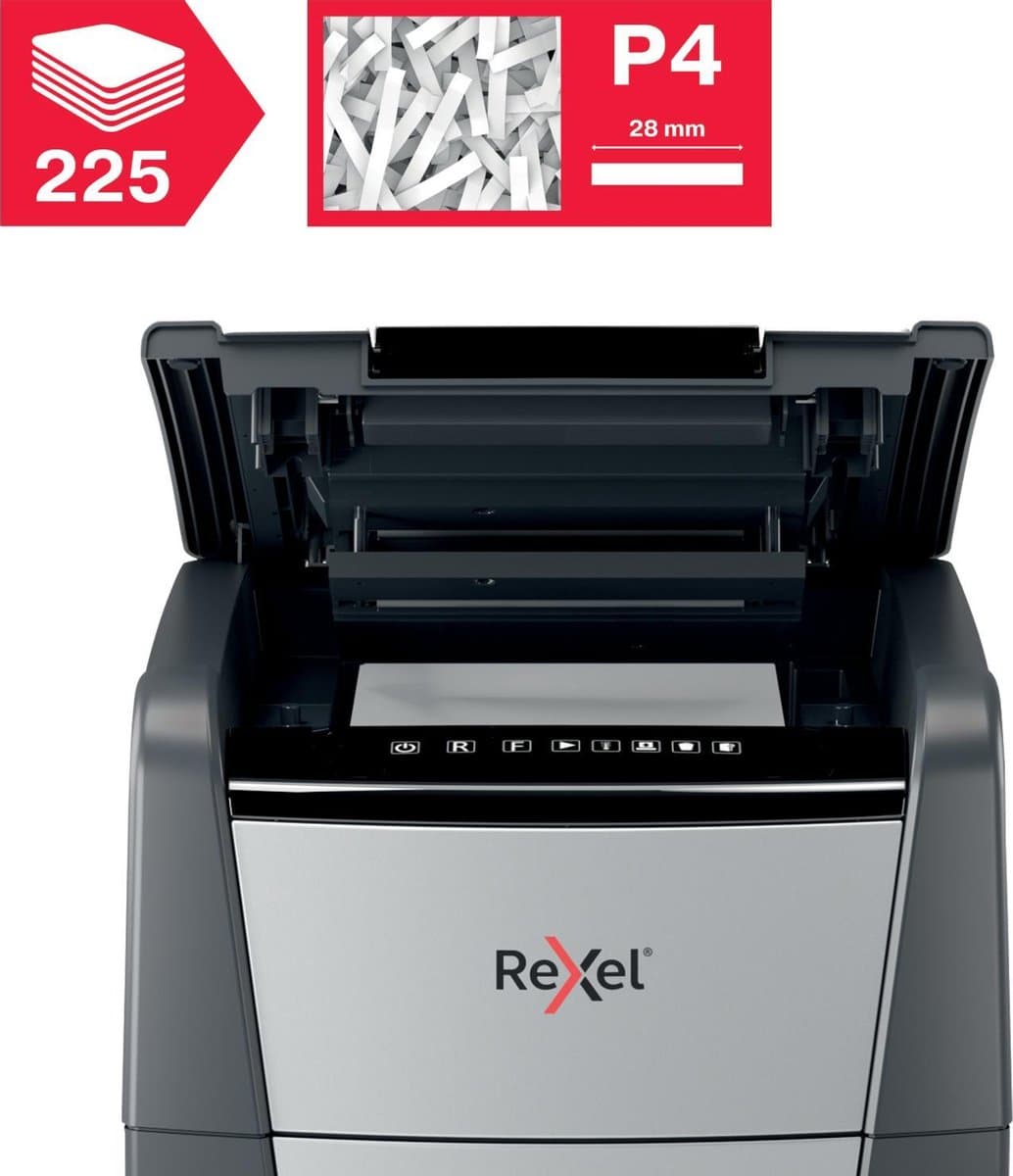 Rexel Optimum AutoFeed+ 225X Fluisterstille Papierversnipperaar - P4 Snippers - Automatische Invoer Tot 225 Vel - 60L - Zwart thumbnail 5