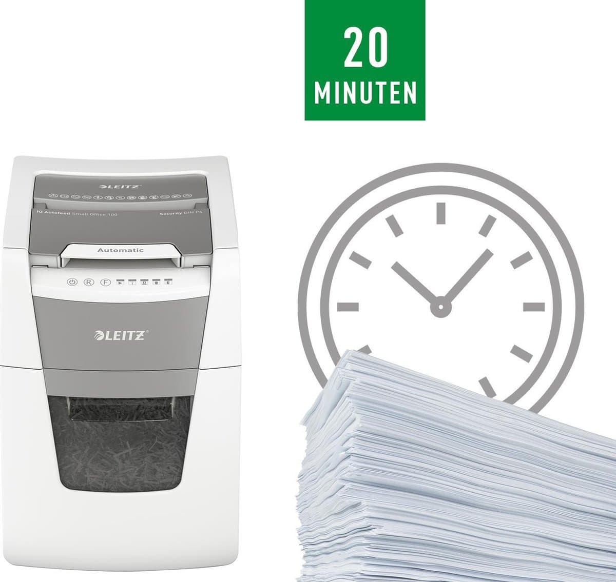 Leitz IQ Autofeed+ Small Office 100 Stille Papierversnipperaar - P4 Snippers - Tot 100 Vel - 34L - Wit thumbnail 3