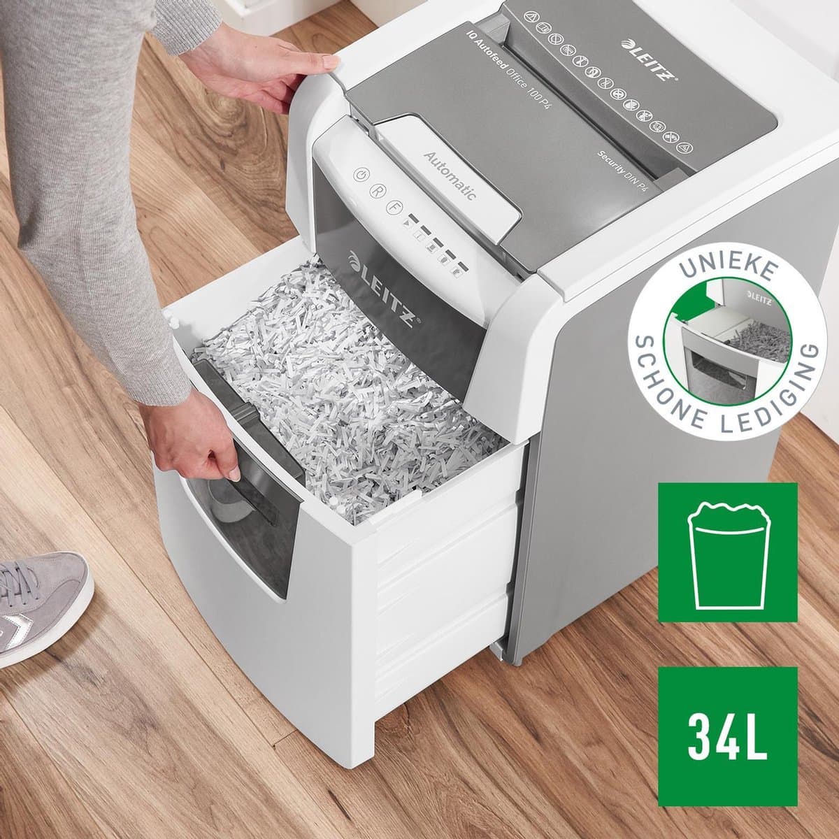 Leitz IQ Autofeed+ Small Office 100 Stille Papierversnipperaar - P4 Snippers - Tot 100 Vel - 34L - Wit thumbnail 2