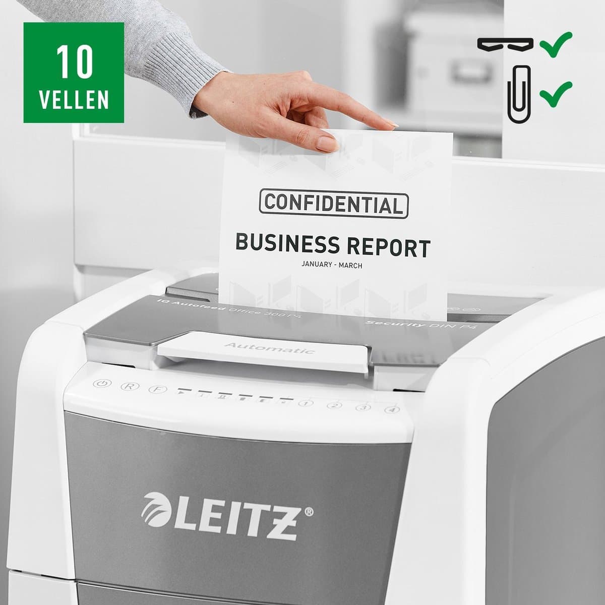 Leitz IQ Autofeed+ Office 300 Stille Papierversnipperaar - P4 Snippers - Tot 300 Vel - 60L - Wit thumbnail 5