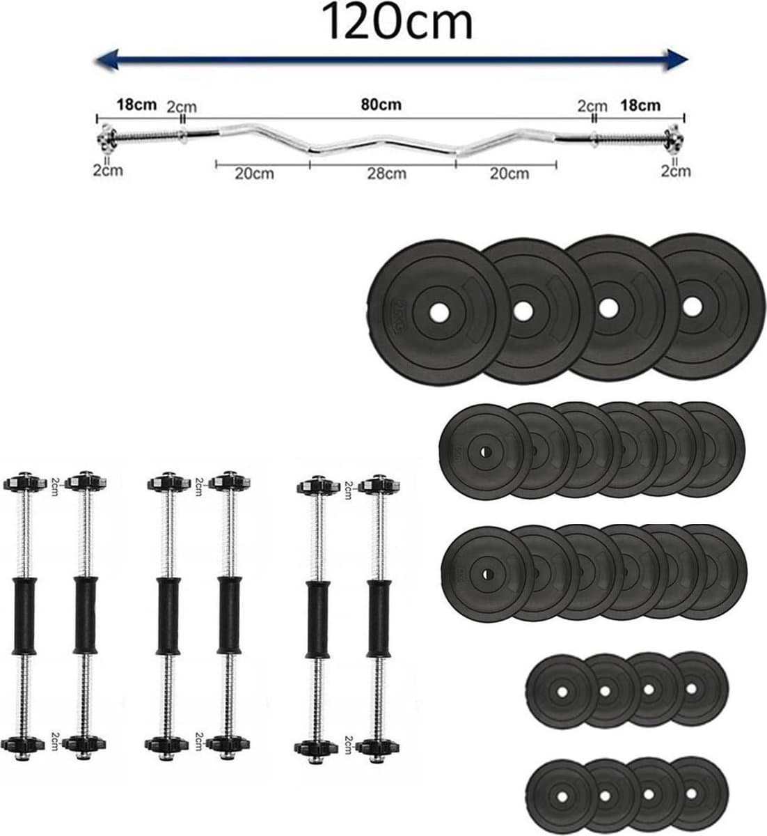 65kg Halterset 6 halters + Curl Stang - Afstelbare Gewichtenset – Fitness set – 6 x Dumbbell – Halterstangset - 65kg halterschijven