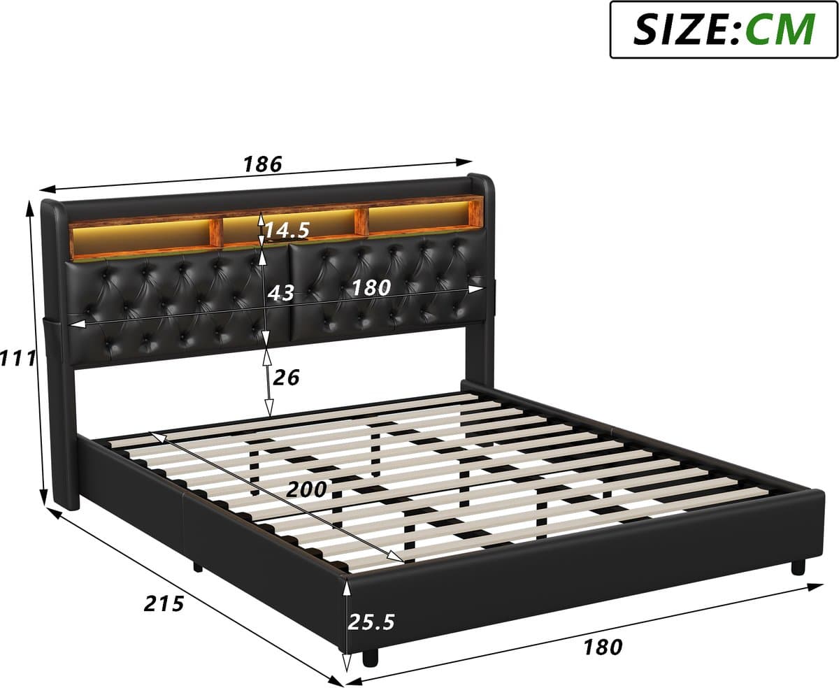 Opbergbed 180x200 met LED & USB – Zwart PU Tweepersoonsbed met Gaslift Opbergruimte thumbnail 5