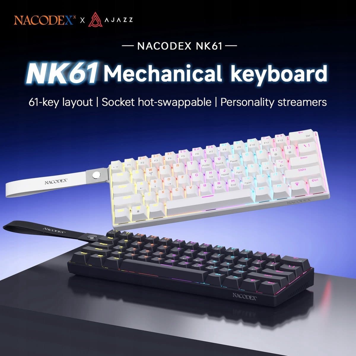 AJAZZ NK61 RGB Mechanisch Toetsenbord – 60% Gaming Keyboard – Hot Swappable – Rode Switches – 61 Toetsen – USB Bekabeld – Wit thumbnail 3