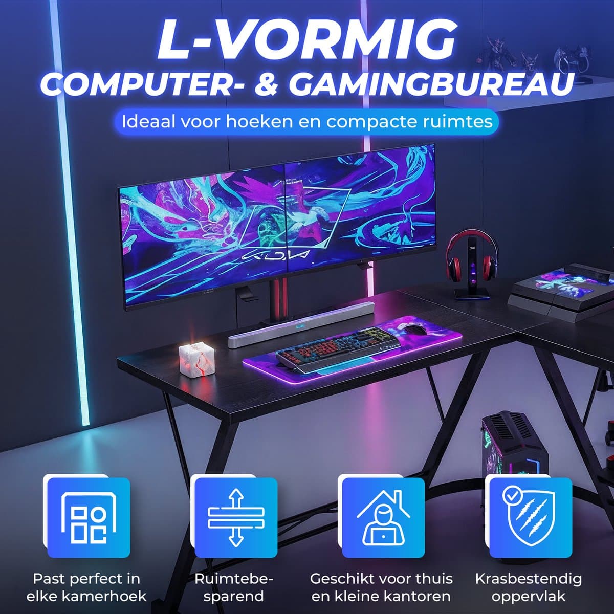 Lexorion L-Vormig Game BureauHoekbureau | Game Bureau | Game Bureau Zwart | Computerbureau – Gaming Bureau – Waterproof & Krasbestendig – Monitor Stand thumbnail 2