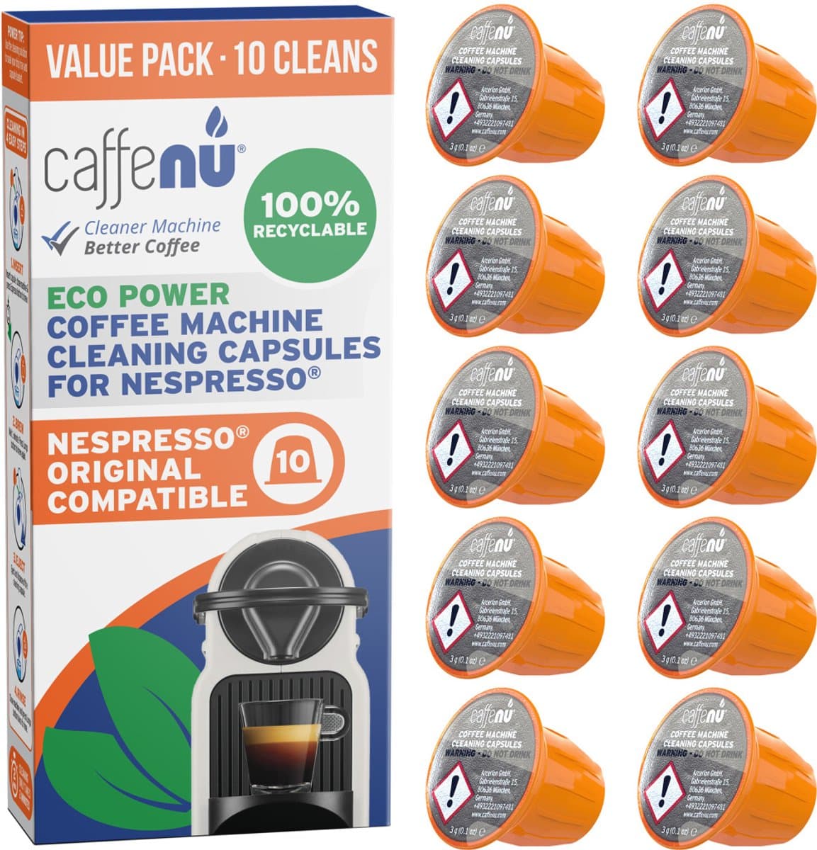Caffenu Reinigingscups voor Nespresso Original - 10 Reinigingscapsules - Koffiemachine Reiniger - Verbetert Smaak & Levensduur Koffiezetapparaat