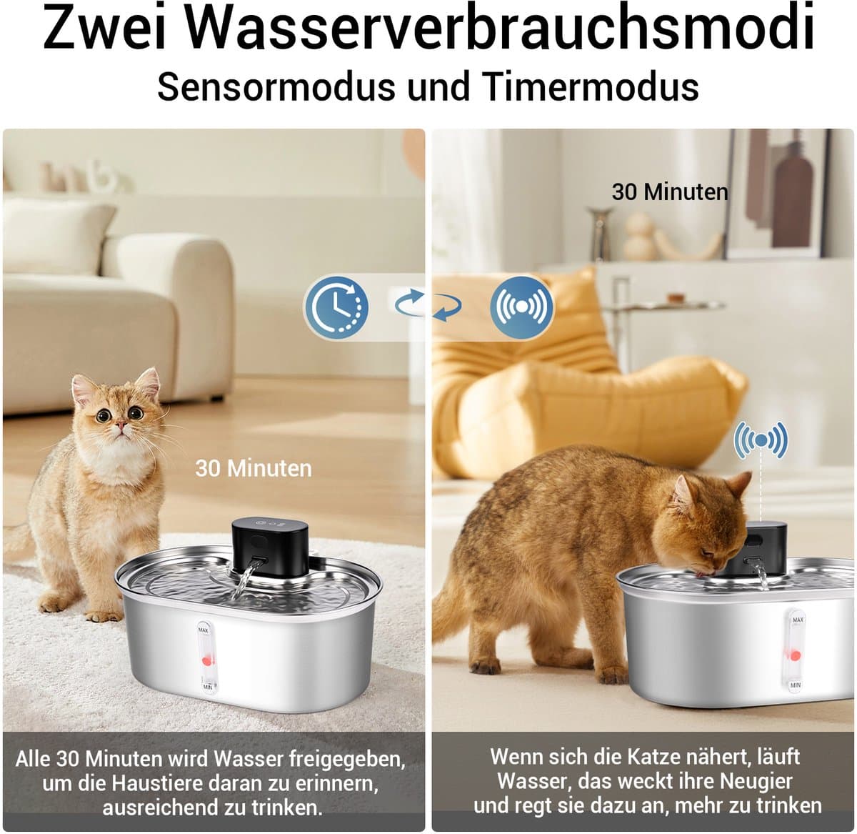Dreamhigh® Draadloze Drinkfontein - Kattenfontein - 3.5L - RVS - Met Sensor en Accu - Fluisterstil - 2 Wasserfluss Modi - Waterfontein voor Katten en Honden thumbnail 7