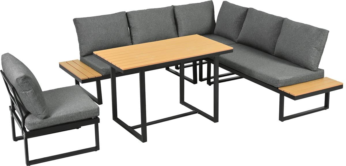 Tuinmeubelset - hoeksalon - met verstelbare leunfunctie - tafelblad van kunststof hout - inclusief eettafel - grijs en zwart thumbnail 7