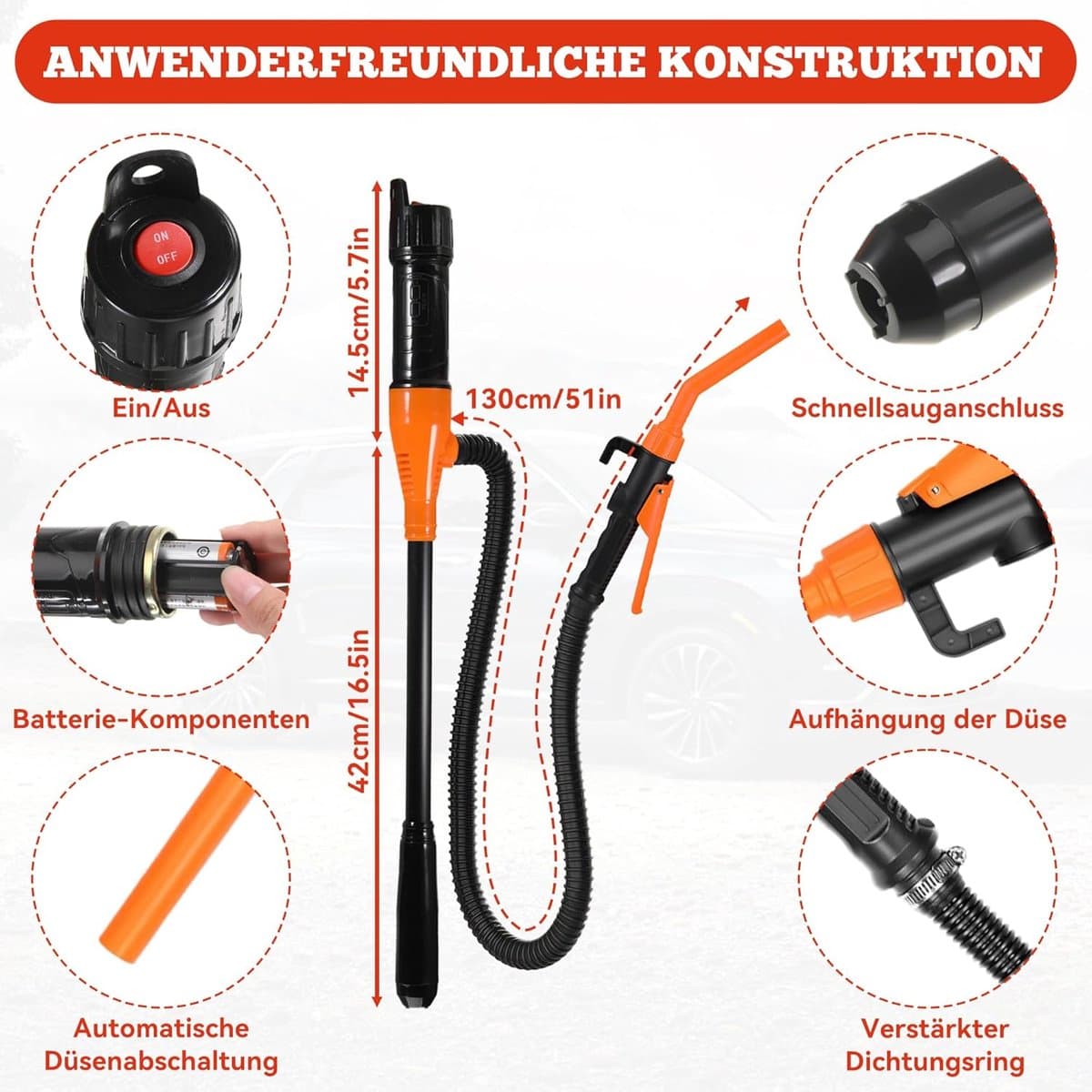 Elektrische Hevelpomp op Batterijen - Brandstofpomp met Regelmondstuk - 9L/min - Voor Benzine, Diesel & Water - 60 cm - Zwart - Overloopbeveiliging thumbnail 2