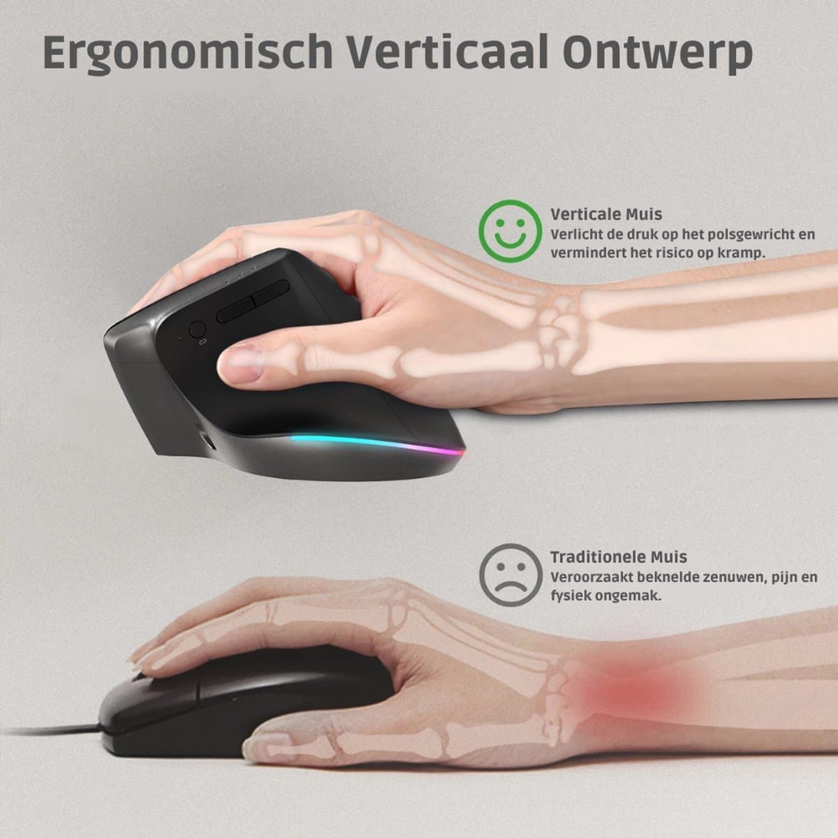 Verticale Muis Ergonomisch Draadloos - Rechtshandige Muis - 800 tot 3200 DPI Verstelbaar - 6 Knoppen - Bluetooth en USB Ontvanger - Voor Laptop & PC thumbnail 4