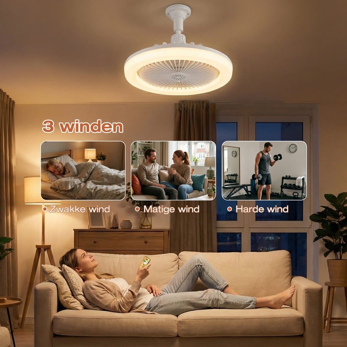 MUPOO Plafond ventilator met LED verlichting E27 Fitting met 360° Draaibaar-APP & Afstandsbediening - Plug & Play -3 Snelheden & Dimbaar - Mini Ventilatorlamp Ø 25cm- lamp ventilator plafond Voor Slaapkamer & Garage - wit thumbnail 4
