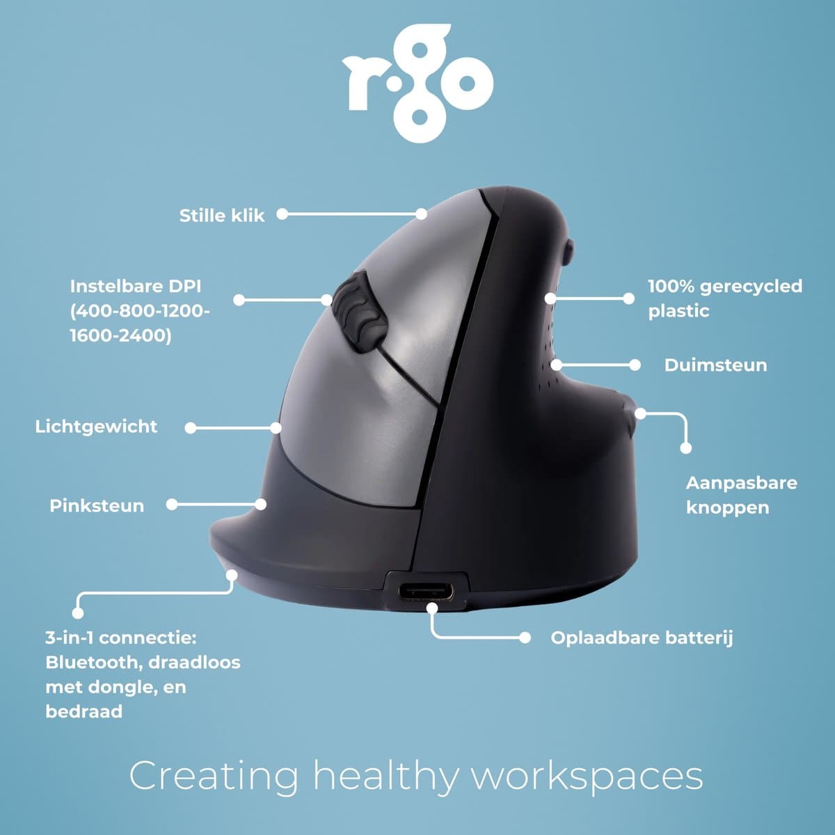 R-Go HE - Ergonomische Verticale Muis - Bluetooth - Break Software - Rechtshandig - Draadloos - Zwart thumbnail 8