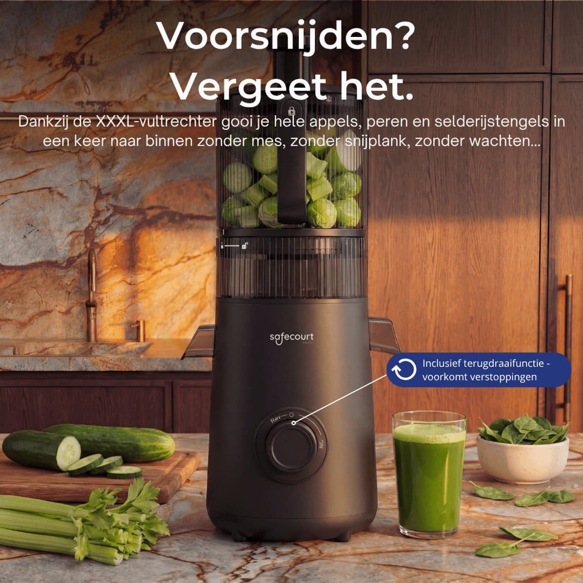 Safecourt Kitchen Slow Juicer XXL - krachtige motor [Pre-cutter & Cold-press technologie] - eenvoudige reiniging - BPA-vrij - sapcentrifuge Zwart thumbnail 4