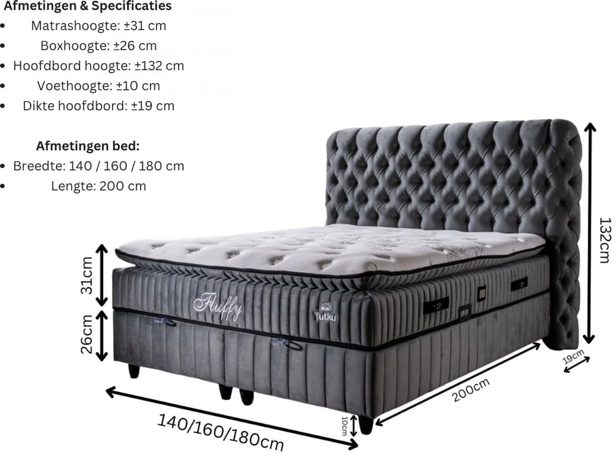 BSS Bedding Fluffy - Boxspring - Boxspring met Opbergruimte - 180x200 - Grijs thumbnail 4