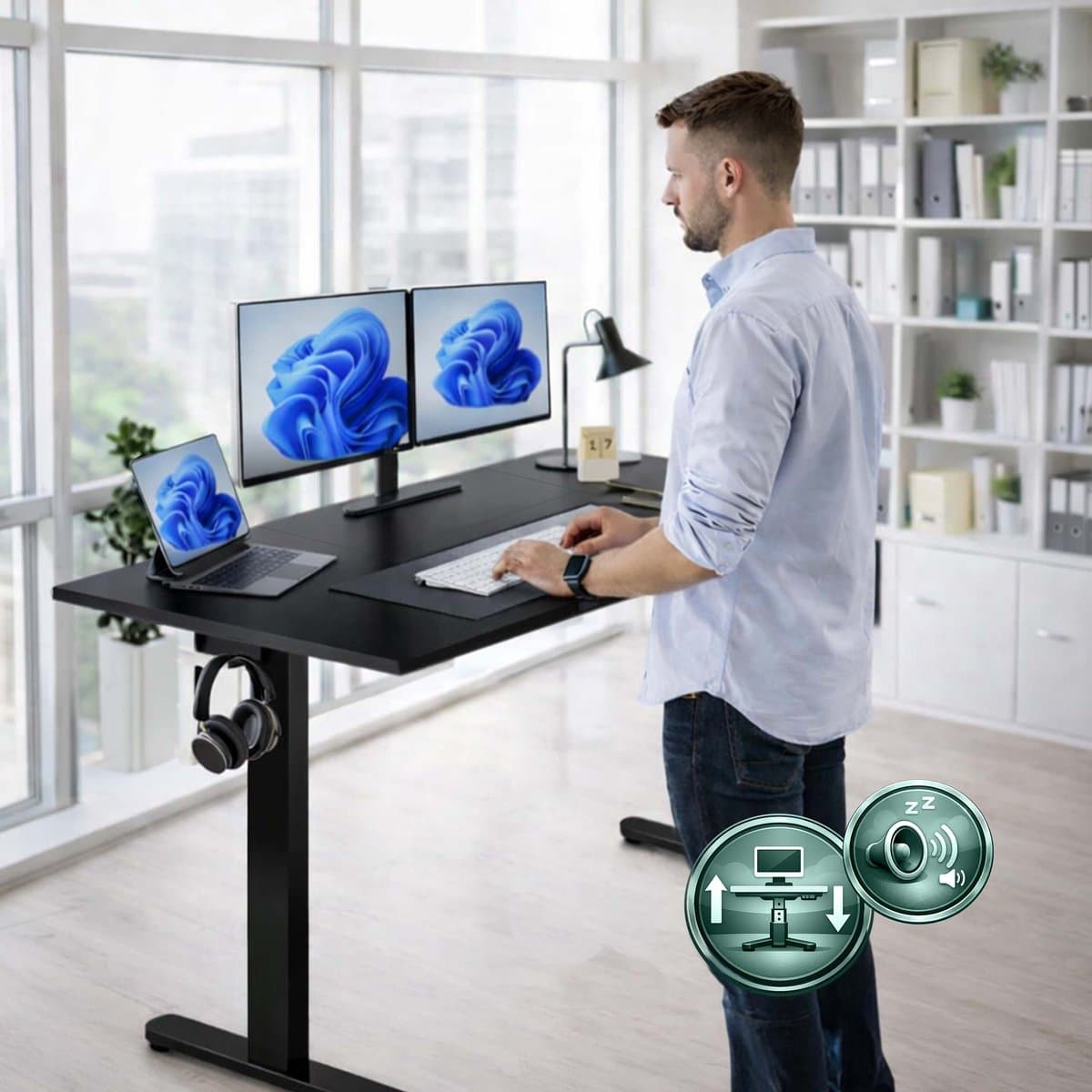 Zit sta bureau - 160 x 60 cm - hoogte verstelbaar - zwart thumbnail 5