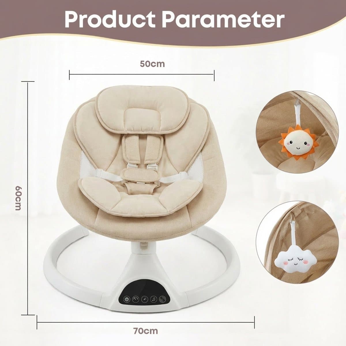3Babies® Baby Swing – Elektrisch Wipstoel – Babyschommel – Elektrische Schommelstoel baby – Verstelbaar – Wasbare Bekleding – Afstandsbediening en App – Beige thumbnail 7