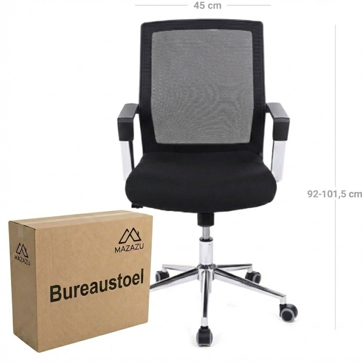 MAZAZU Ergonomische Bureaustoel - Ademend Mesh - Zwart - Met Kantelfunctie & Chroom Onderstel - Compacte Kantoorstoel voor Thuiswerken - Verstelbaar thumbnail 3