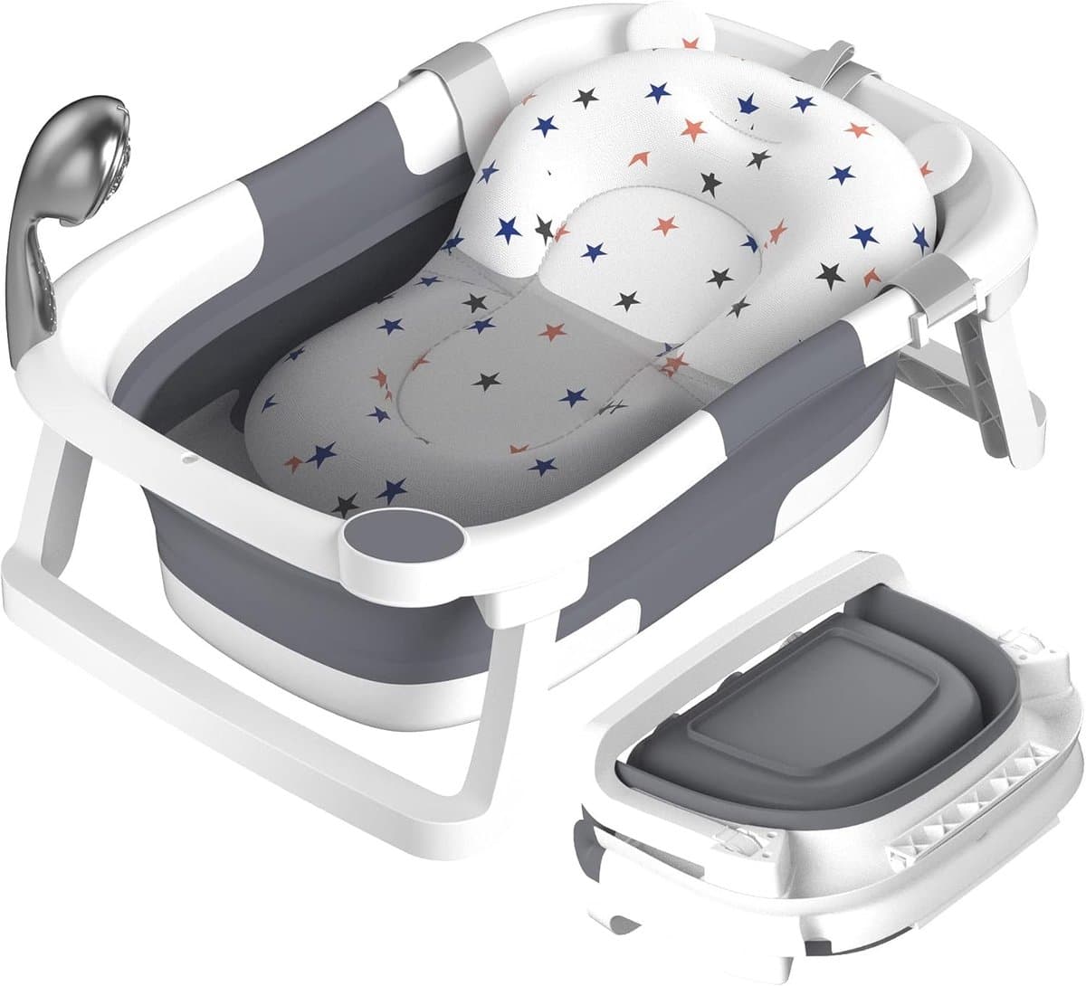 Opvouwbare babybadkuip – draagbaar bad voor pasgeborenen en peuters Met antislipmat en afvoergat, licht en ruimtebesparend. Zonder thermometer. Kleur: grijs.