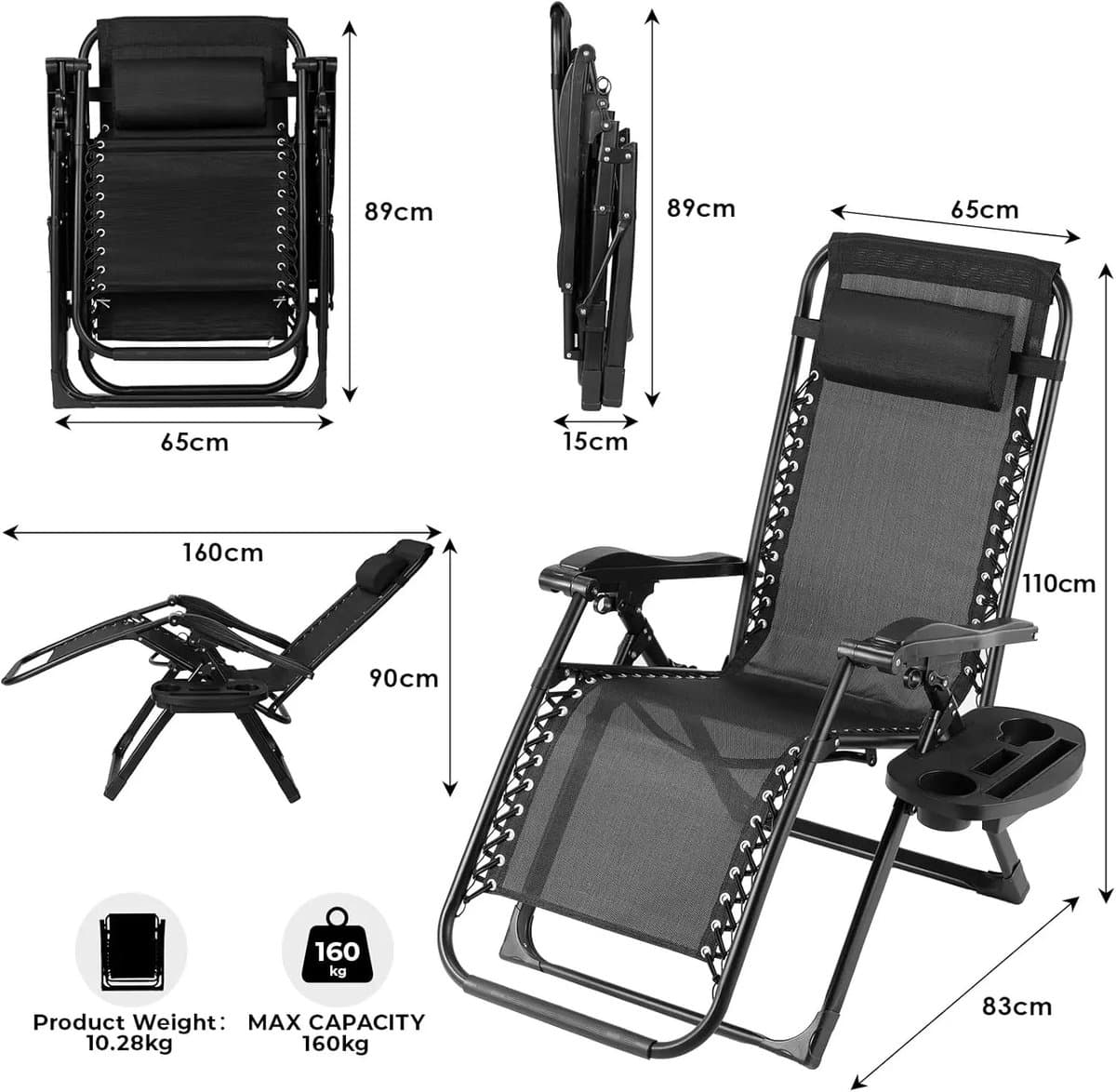 Rolu Tuinstoelen – Ligstoel Tuin – Verstelbare Tuinstoel – 160 × 69 × 80 CM - 8 CM Dik Kussen – 160 KG Draagvermogen – Ademend - Zwart thumbnail 3