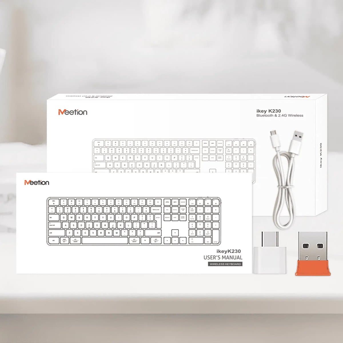 Meetion iKey K230MW - Draadloos Toetsenbord - 109-toets Full-Size - 2.4 GHz + Bluetooth - Type-C Oplaadbaar - Stil Scissor-Switch - Mac / Windows - Wit thumbnail 7