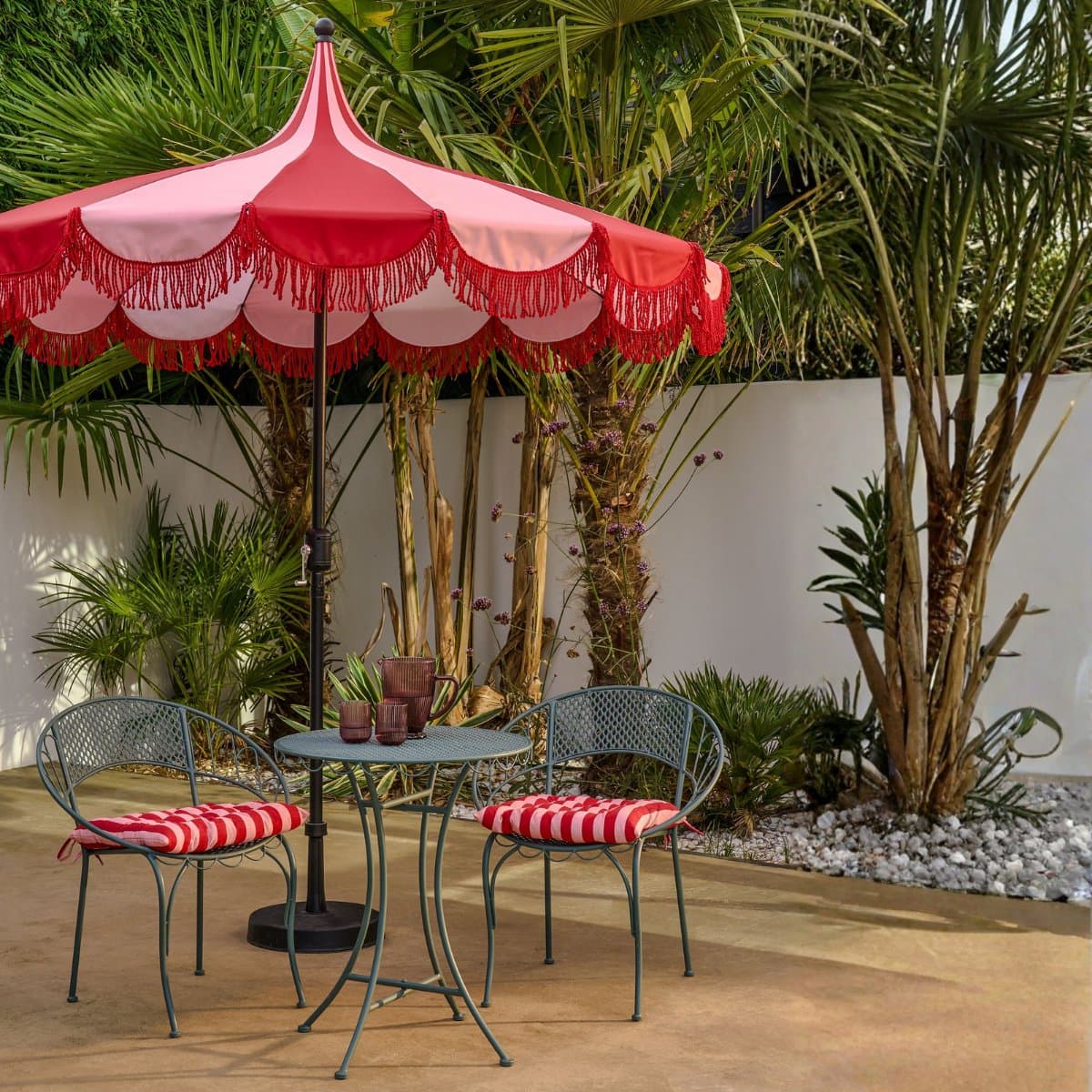 Mica Decorations Kim Gestreepte Parasol met Draagtas - Stokparasol 238 x Ø235 cm - Tuin of Balkonparasol - Polyester, Staal - Rood thumbnail 8