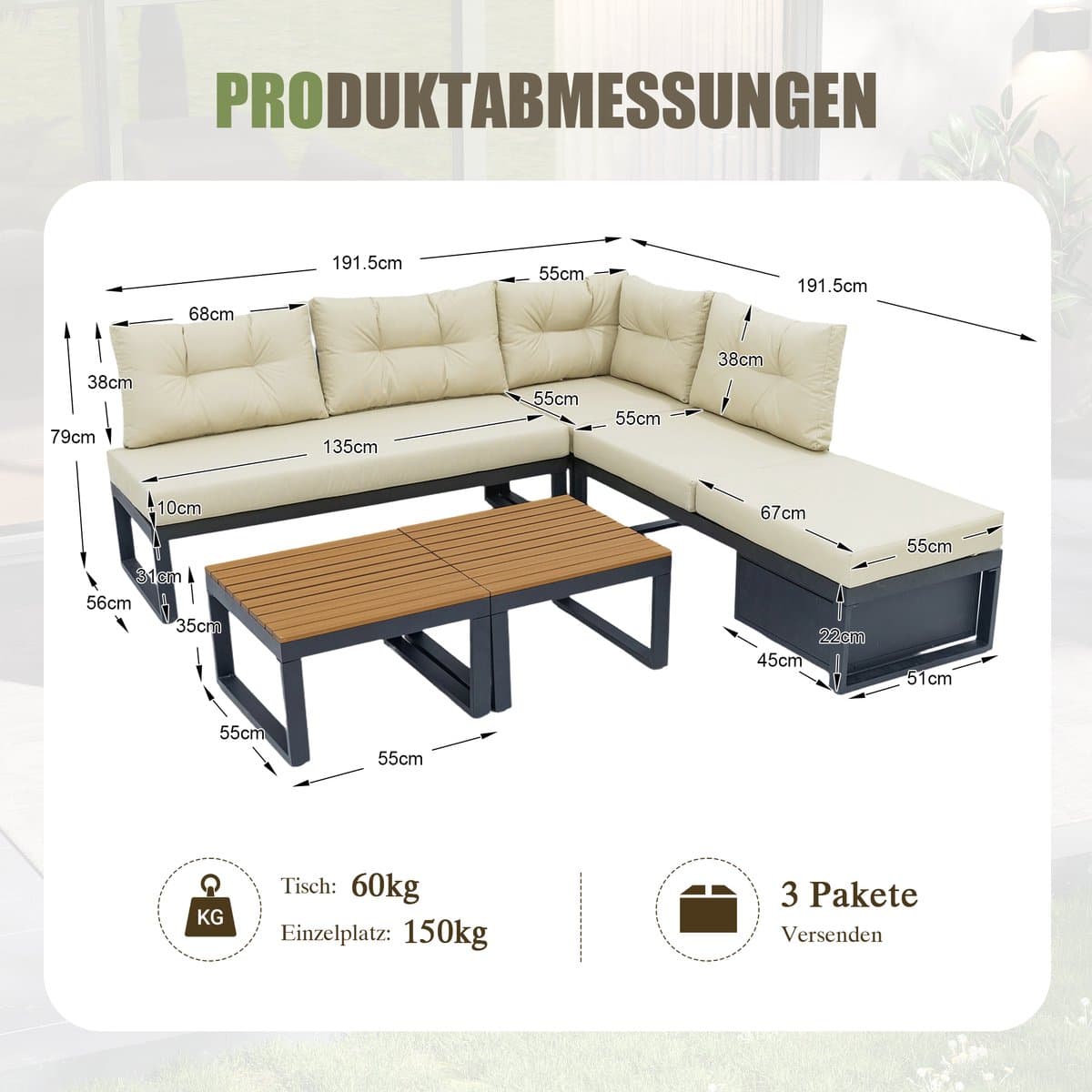 Sweiko Tuin loungeset - Hoekbank + salontafel - Verstelbare rugleuning - Met kussens - Opbergruimte - Beige thumbnail 2