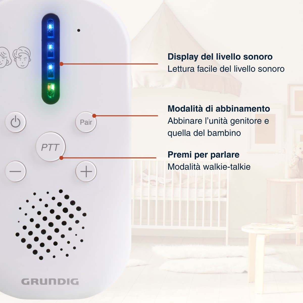 Grundig DECT Audio Babyfoon - Baby Monitor met 150M bereik - Ouder- en Babyunit - met LED Geluidsindicatie en Terugspreekfunctie - Babykamer Accessoires - Wit thumbnail 6