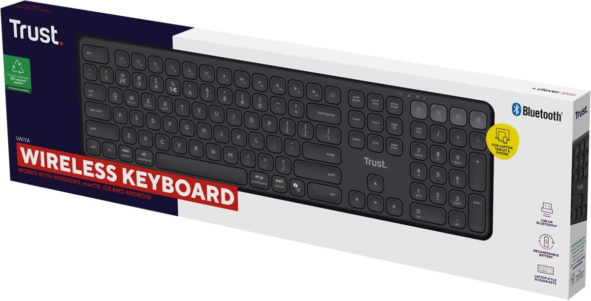 Trust Vaiya - Draadloos Toetsenbord - Multidevice - Full-size Numpad - Scissor Toetsen - US/QWERTY - Zwart thumbnail 6