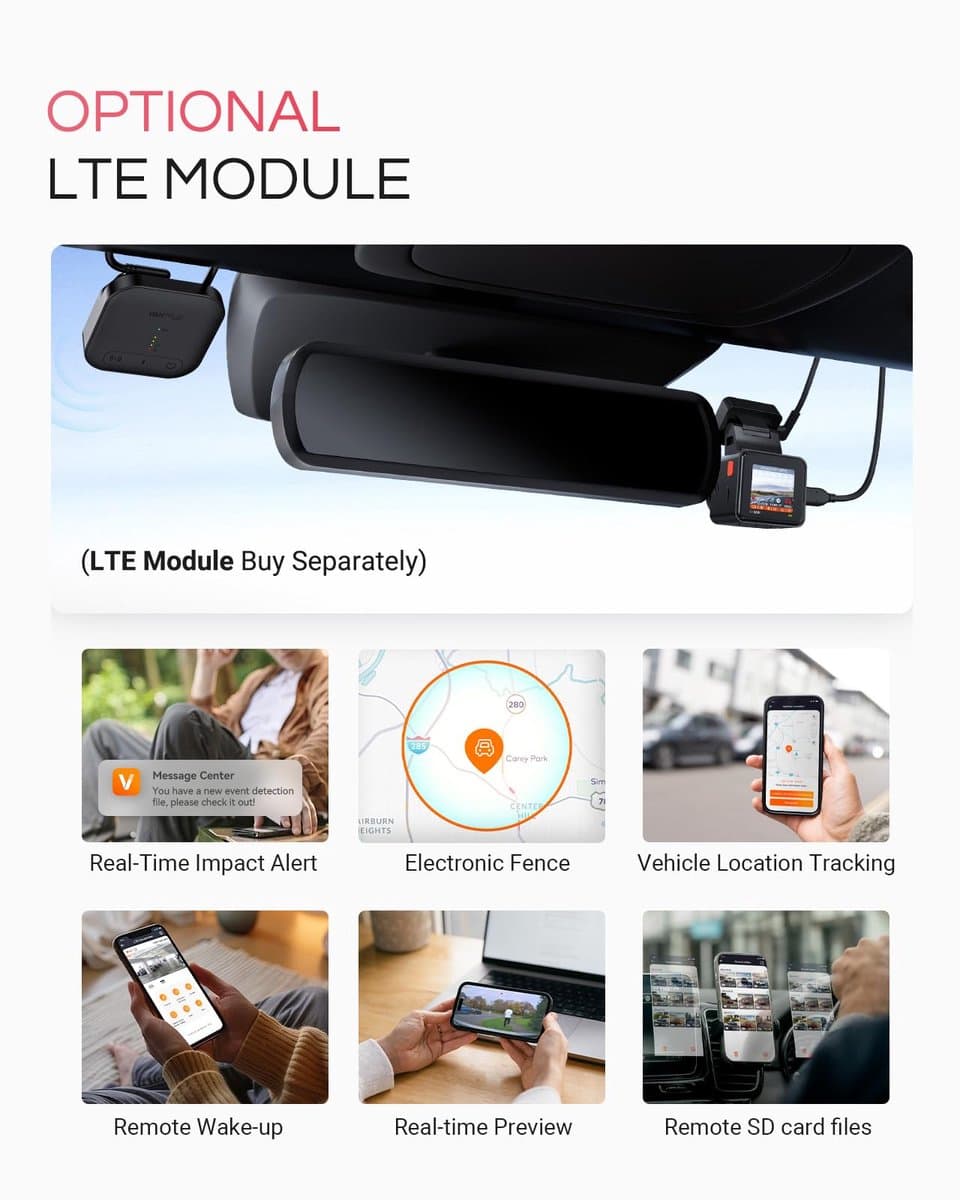 Vantrue E1 Pro 4K Mini Dashcam Voorzijde, STARVIS 2 PlatePix™ HDR Nachtzicht Autoradio, Ingebouwde 5G WiFi GPS, 1,54" IPS-scherm, LTE-ondersteuning, Spraakbediening, 24/7 Buffered Parkeermodus, Ondersteunt tot 1TB Max thumbnail 7