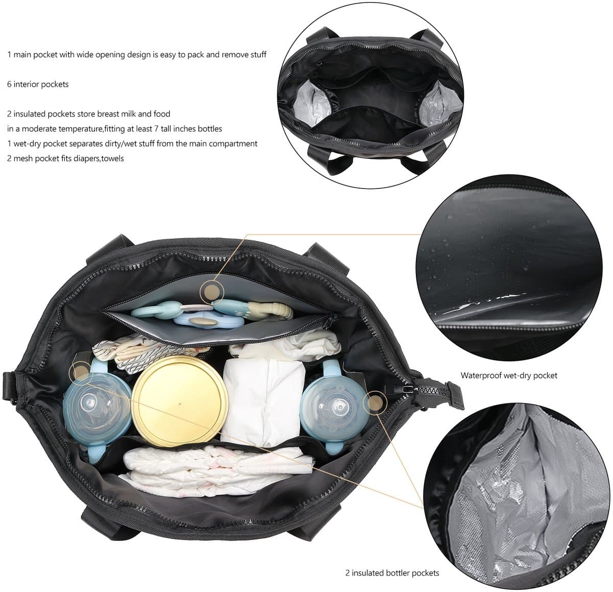 Luiertas Tote - Waterdichte Opbergtas - Luiertas voor Kinderwagen - Organizer voor Reisbenodigdheden voor Baby's - Luiertas van PU Leer met Isolatie - Zwart thumbnail 5