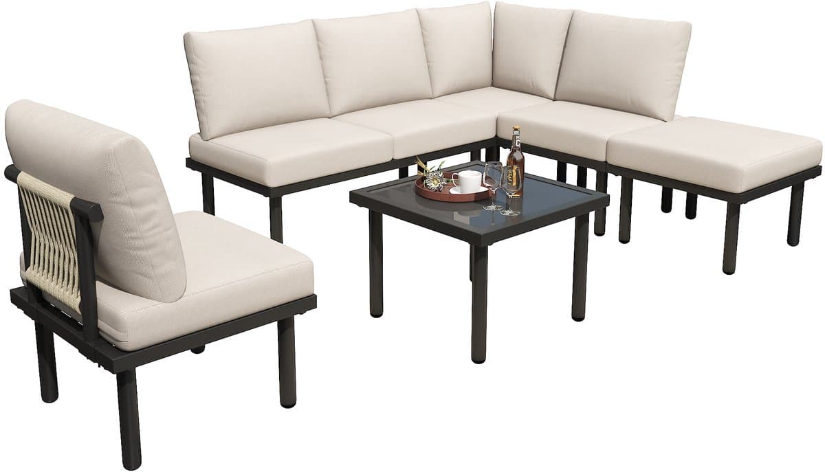 Loungestoelenset set van 6 - tuinmeubelset van touw - beige gevlochten touw - verstelbare poten - glad glazen tafelblad - beige thumbnail 8