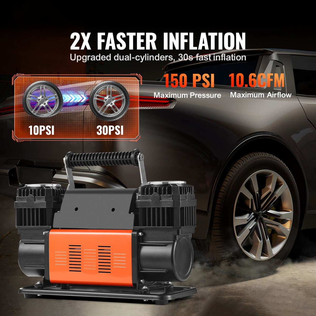 10,6 Cfm Krachtige Luchtcompressor, 30 Seconden Snel Oppompen Draagbare Bandenpomp Met Twee Cilinders, 12 V 150 Psi Off-Road Luchtpomp Met Adapters Voor Vrachtwagens, Auto'S, Suv'S, 4 X 4 Voertuigen thumbnail 6