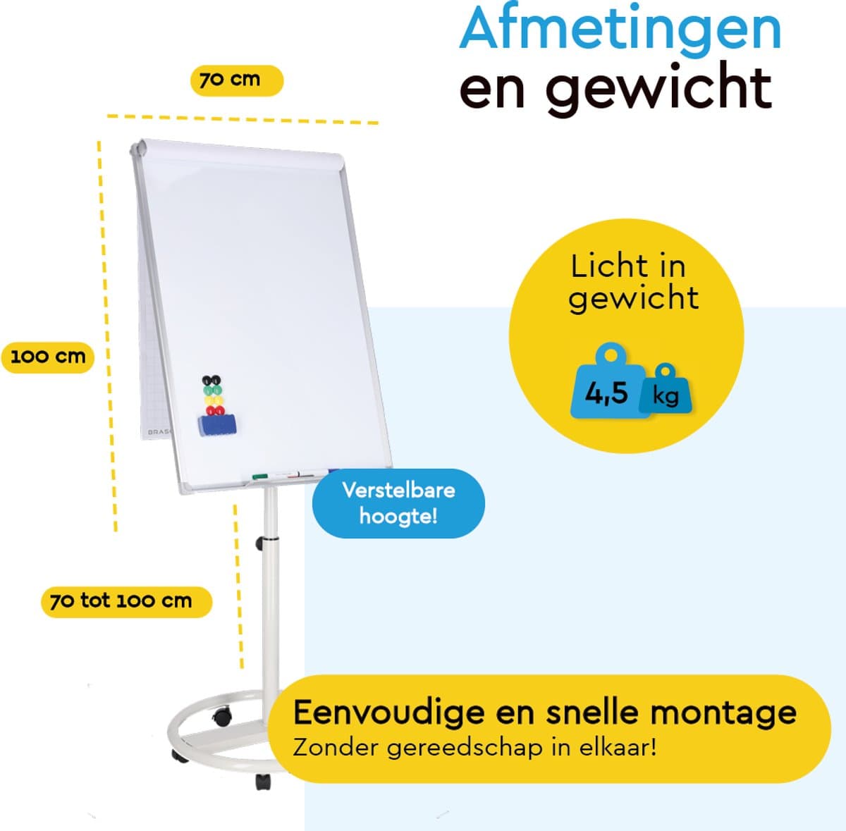 BRASQ Flipover Verrijdbaar Deluxe - 70x100 cm - Verstelbaar Whiteboard - Inclusief 25 vellen papier en accessoires - met Uitschuifbare Armen - Magnetisch bord met Haken - Magneetbord- Wit thumbnail 2