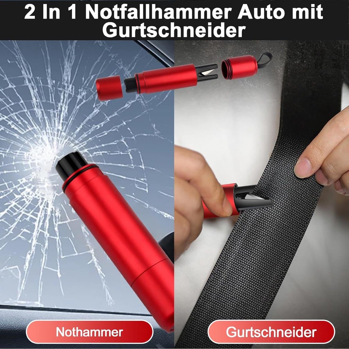 Veiligheidshamer - Veiligheidshamer Auto - Noodhamer - Compacte Aluminium Veiligheidshamer - Multifunctioneel Voertuig Noodhulpmiddel - Wolfraam Stalen Raambreker - Rood thumbnail 5