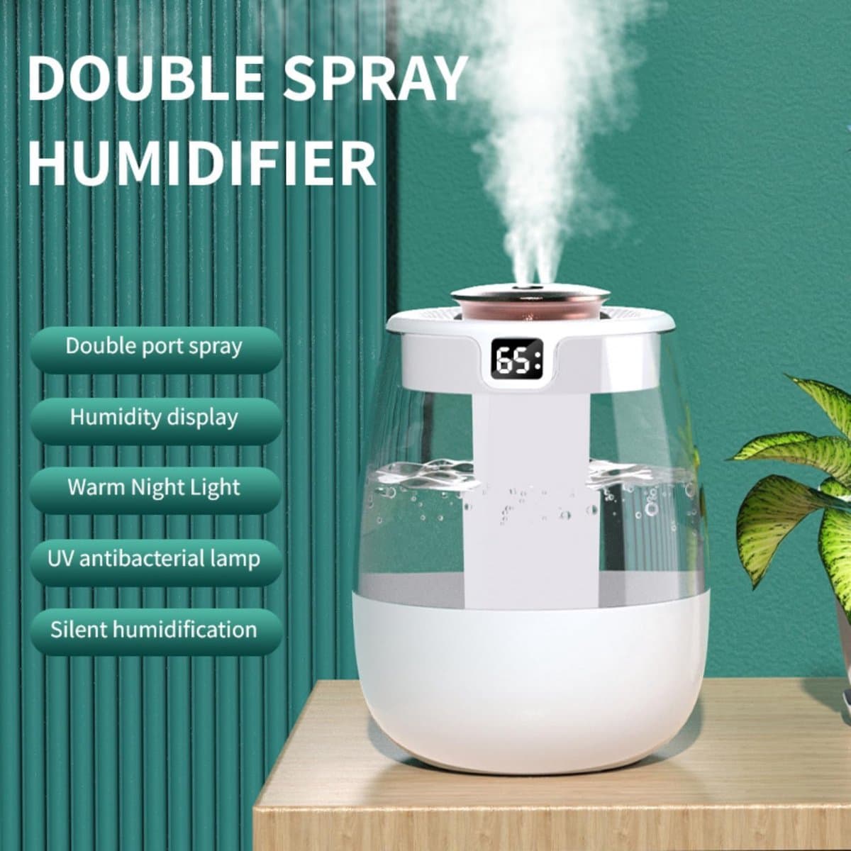 Slaapkamerbevochtiger - 1,3L - Luchtbevochtiger met koele mist - Met nachtlampje - Huis en planten - Babykamerbevochtiger - Stil - Waterloze automatische uitschakeling - (Wit) thumbnail 3